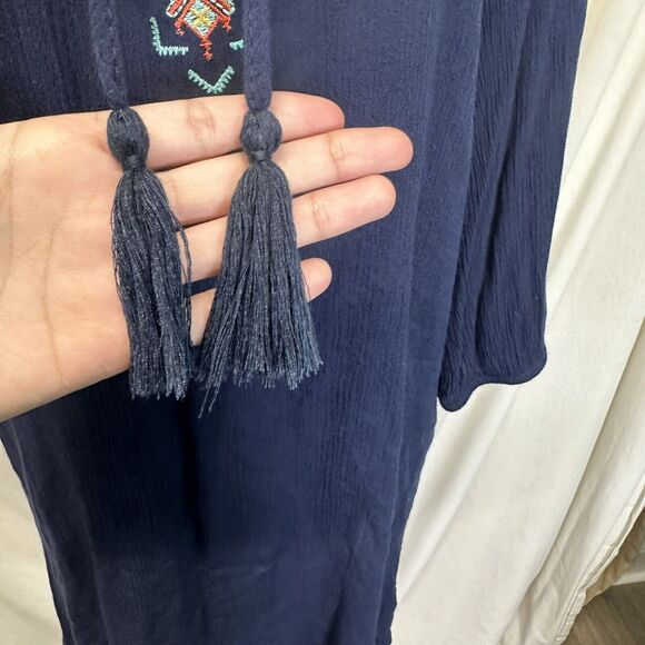 Size Large Floral Embroidered Peasant Dress Boho Blue Mini Stretch Tassels 3/4 - Picture 4 of 8
